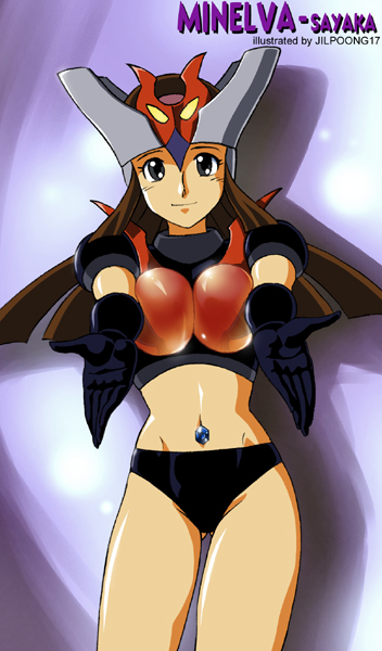 black_panties breast_squeeze breasts brown_hair cosplay diamond gloves helmet jilpoong17 large_breasts mazinger_z mecha midriff minerva_x outstretched_arms panties smile solo underwear yumi_sayaka