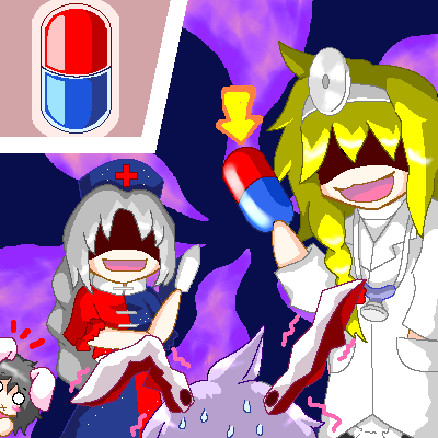 4girls :d :x alternate_costume animal_ears black_hair blonde_hair blush_stickers braid bunny_ears directional_arrow dr.mario evil_smile hand_in_pocket hat head_mirror holding inaba_tewi kirisame_marisa labcoat long_hair lowres mario_(series) multiple_girls myonde nervous no_hat no_headwear no_pupils o_o oekaki open_mouth parody peeking_out pill red_cross reisen_udongein_inaba shaded_face side_braid silver_hair smile stethoscope super_mario_bros. sweat touhou very_long_hair yagokoro_eirin