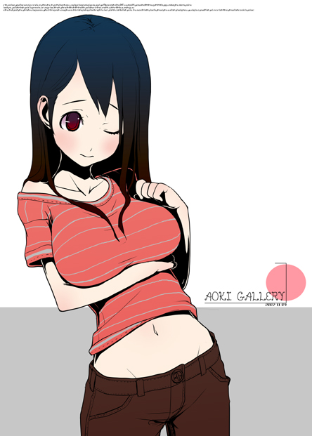 aoki_shin black_hair blush breasts copyright_request denim huge_breasts jeans long_hair midriff one_eye_closed pants solo