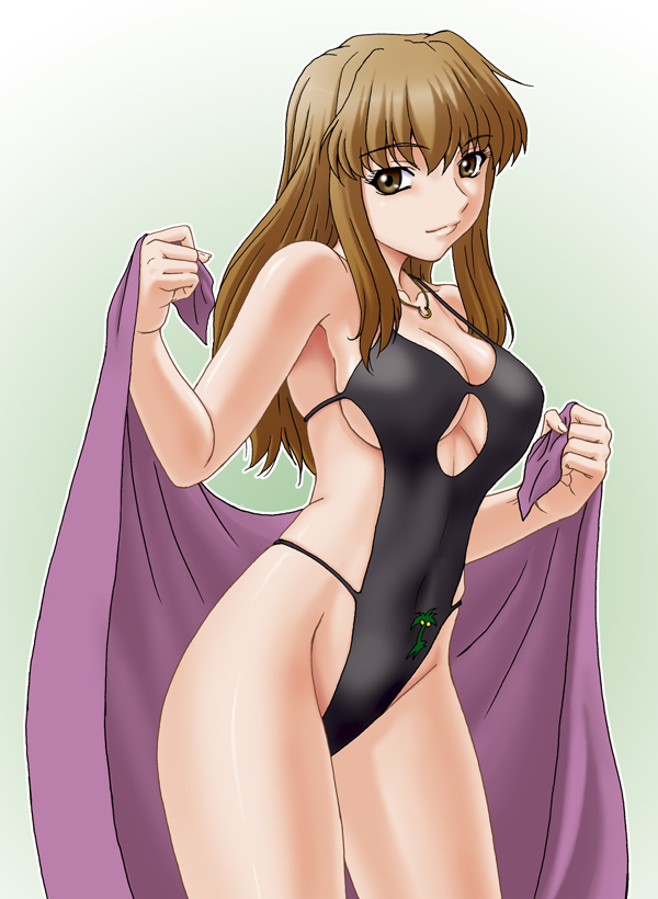 breasts brown_eyes brown_hair casual_one-piece_swimsuit cleavage cleavage_cutout halterneck medium_breasts misnon_the_great my-otome one-piece_swimsuit shizuru_viola smile solo swimsuit towel