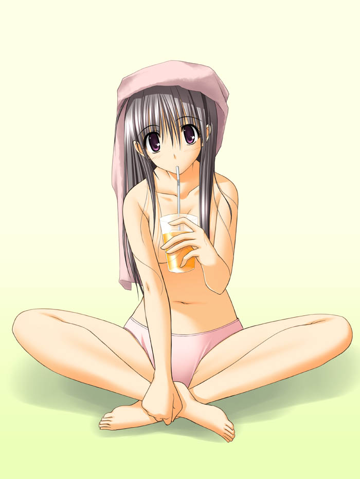 barefoot convenient_censoring drinking drinking_straw feet indian_style navel original panties pink_panties sipping sitting solo takepon topless towel towel_on_head underwear