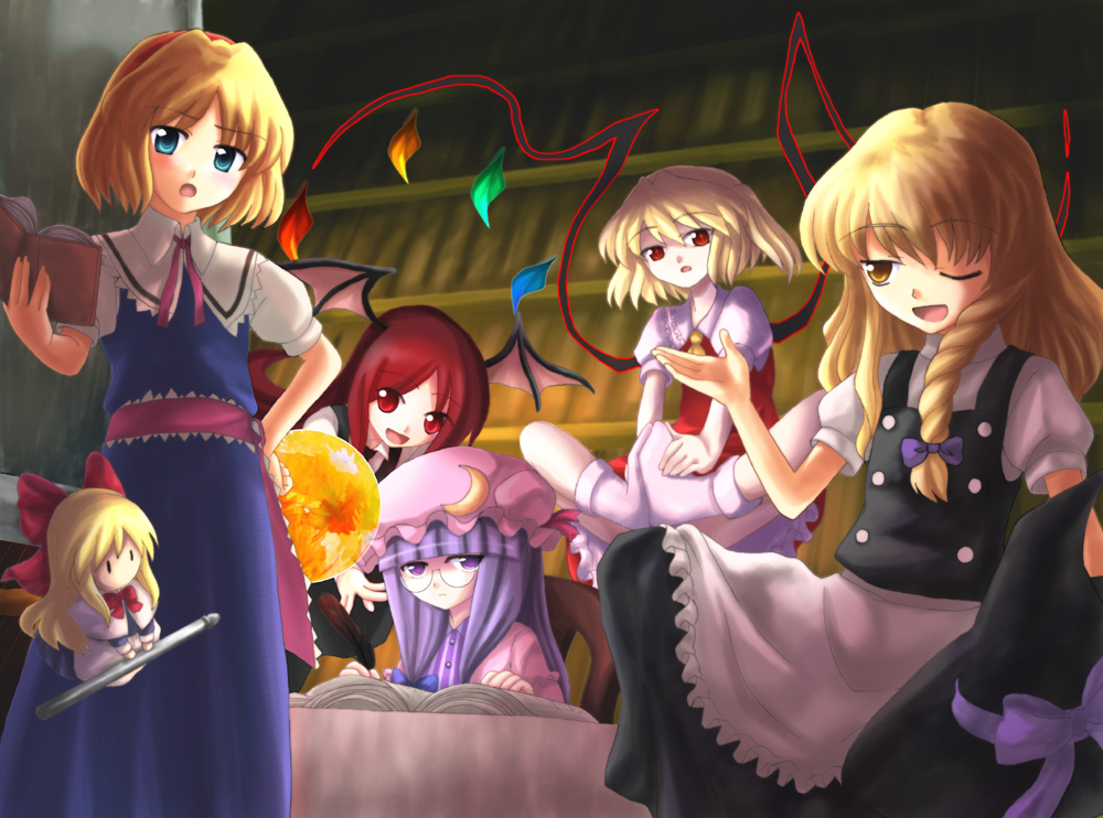 alice_margatroid apron blonde_hair blue_eyes blush book braid brown_eyes buttons capelet chair crystal demon_girl demon_wings doll double-breasted flandre_scarlet flying full_body hat head_wings holding holding_book indoors jitome kirisame_marisa koakuma library long_hair multiple_girls nanao_yuki patchouli_knowledge puffy_short_sleeves puffy_sleeves purple_eyes purple_hair shanghai_doll short_sleeves single_braid sitting size_difference standing succubus table touhou very_long_hair voile waist_apron wings witch_hat
