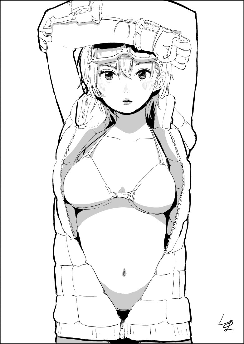 1girl arms_up bra breasts character_request female goggles goggles_on_head monochrome navel parted_lips satsuyo short_hair solo underwear