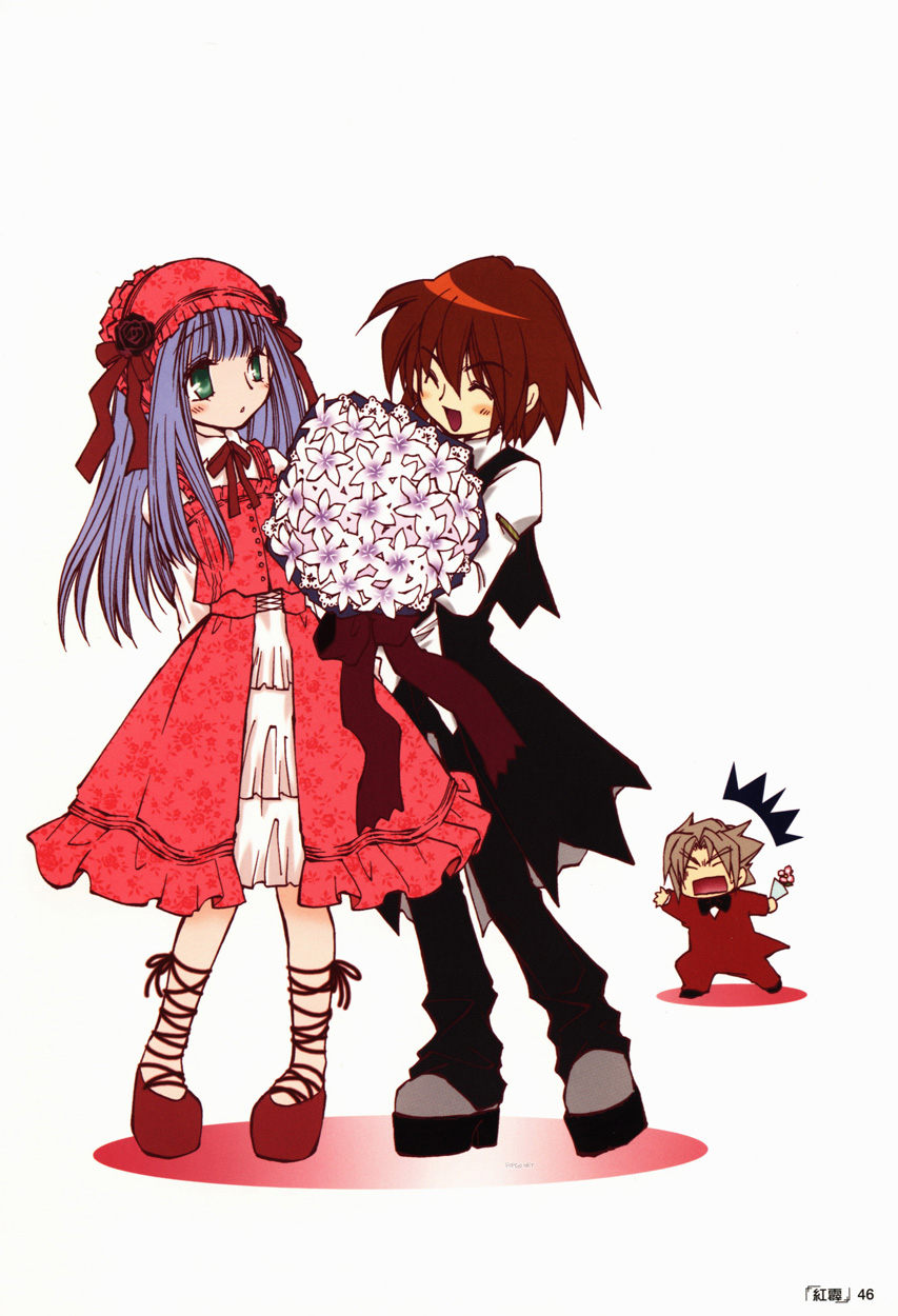 2girls :d ^_^ ^o^ azuma_mayumi blush bouquet brown_hair cisqua closed_eyes coud_van_giruet couple cross-laced_footwear elemental_gelade empty_eyes flower formal full_body green_eyes highres looking_at_viewer multiple_girls non-web_source o_o open_mouth purple_hair red_eyes reverie_metherlence simple_background smile standing suit surprised white_background