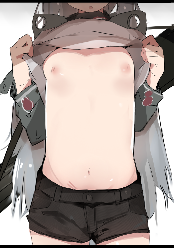 1girl breasts female g11_(girls_frontline) girls_frontline head_out_of_frame long_hair nawakena nipples shirt_lift shorts simple_background small_breasts solo white_background