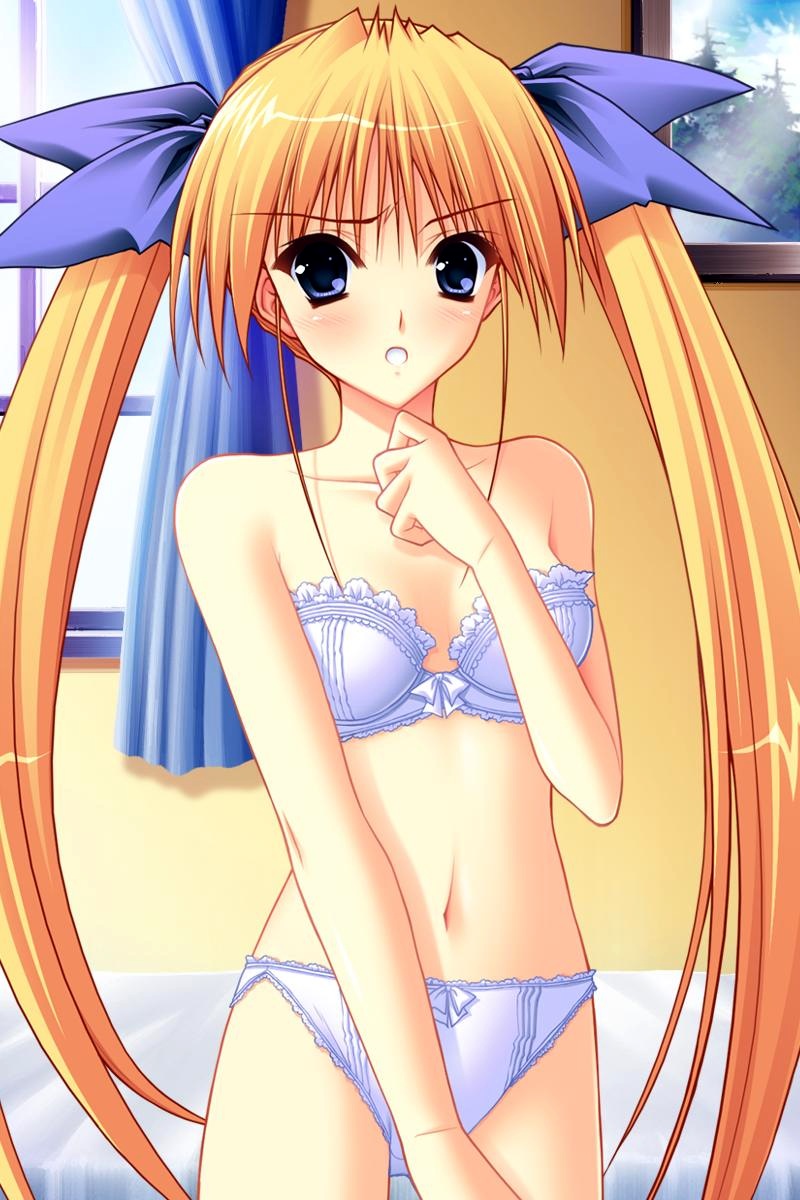blonde_hair blue_eyes bow bow_bra bow_panties bra embarrassed hair_ribbon highres lingerie long_hair natsume_(ne~pon?_x_rai_pon!) ne~pon?_x_rai_pon! open_mouth panties ribbon solo stomach suzuhira_hiro twintails underwear underwear_only very_long_hair white_bra white_panties