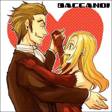 1girl artist_request baccano! couple dancing elbow_gloves eye_contact gloves hetero isaac_dian looking_at_another lowres miria_harvent smile