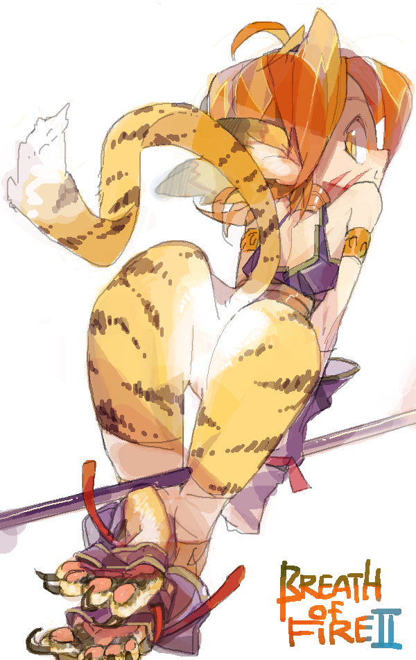 1girl amiami animal_ears ass bottomless breath_of_fire breath_of_fire_ii copyright_name facial_mark female from_behind fur looking_back rinpoo_chuan short_hair solo tail