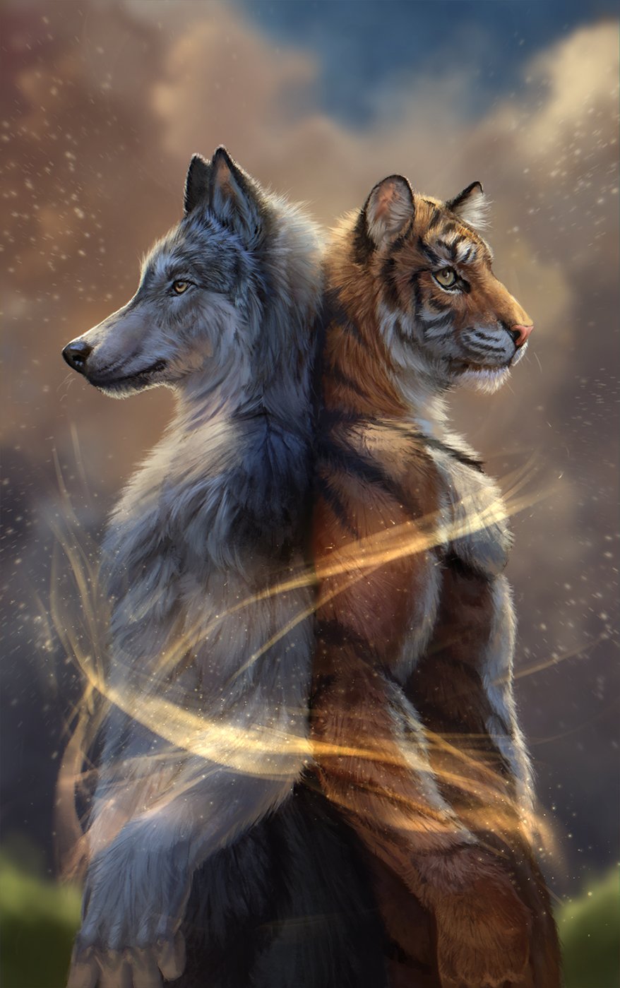 2019 5_fingers anthro black_nose brown_eyes canid canine canis conditional_dnp day digital_media_(artwork) duo felid latex_(artist) male mammal nude outside pantherine sky tiger wolf yellow_eyes