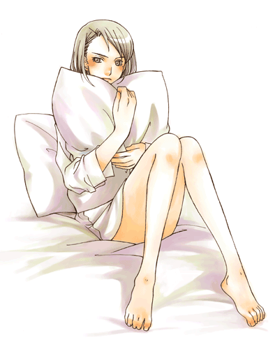 artist_request bangs bare_legs barefoot bed_sheet bottomless closed_mouth feet frown full_body gyakuten_saiban karuma_mei knees_together_feet_apart knees_up long_sleeves looking_at_viewer lowres mole mole_under_eye on_bed pillow pillow_hug shirt silver_eyes silver_hair sitting solo swept_bangs white_background white_pillow white_shirt