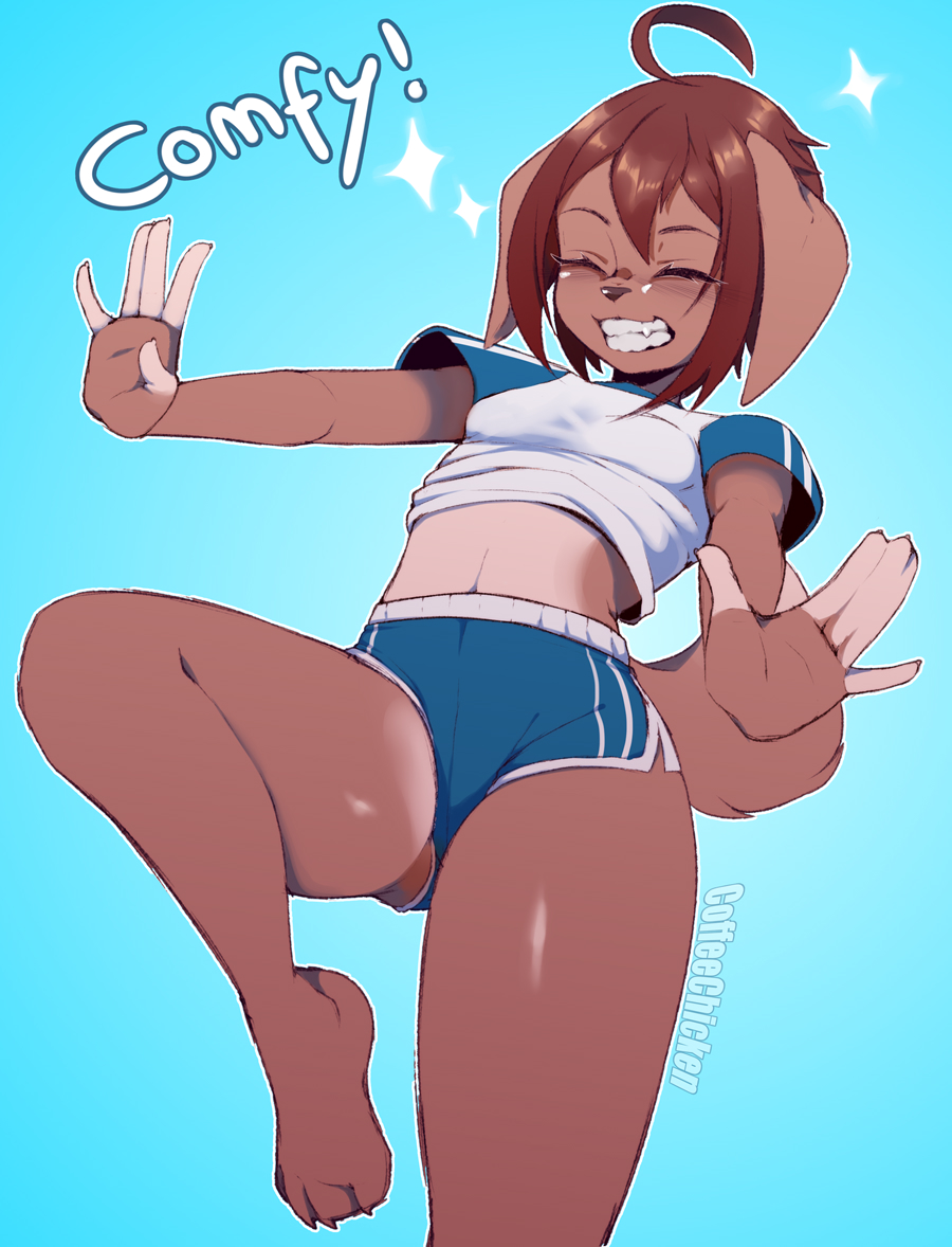 2019 5_fingers anthro barefoot breasts brown_hair canid canine canis clothed clothing coffeechicken crop_top digital_media_(artwork) domestic_dog english_text eyes_closed female hair kess_(coffeechicken) mammal shirt shorts small_breasts smile solo text
