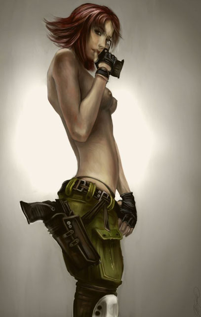 bad_source bob_cut breasts fingerless_gloves flipped_hair gloves gun handgun holster meryl_silverburgh metal_gear_(series) metal_gear_solid nailone nipples no_bra panties pistol red_hair short_hair small_breasts solo thong topless underwear weapon