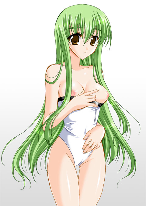 bangs breasts c.c. code_geass green_hair kisaraki_kanata long_hair medium_breasts nipples one-piece_swimsuit solo swimsuit thigh_gap