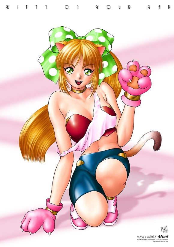 animal_ears blonde_hair bow cat_ears gloves green_eyes hair_bow hiza_no_ue_no_partner mimi_(hizapa) paws satoshi_igarashi solo tail