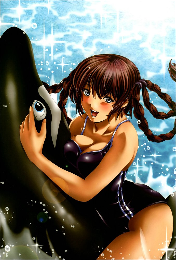 artist_request blush breasts brown_eyes brown_hair cleavage dead_or_alive hair_rings inflatable_toy inflatable_whale large_breasts lei_fang lens_flare one-piece_swimsuit riding solo sparkle swimsuit water