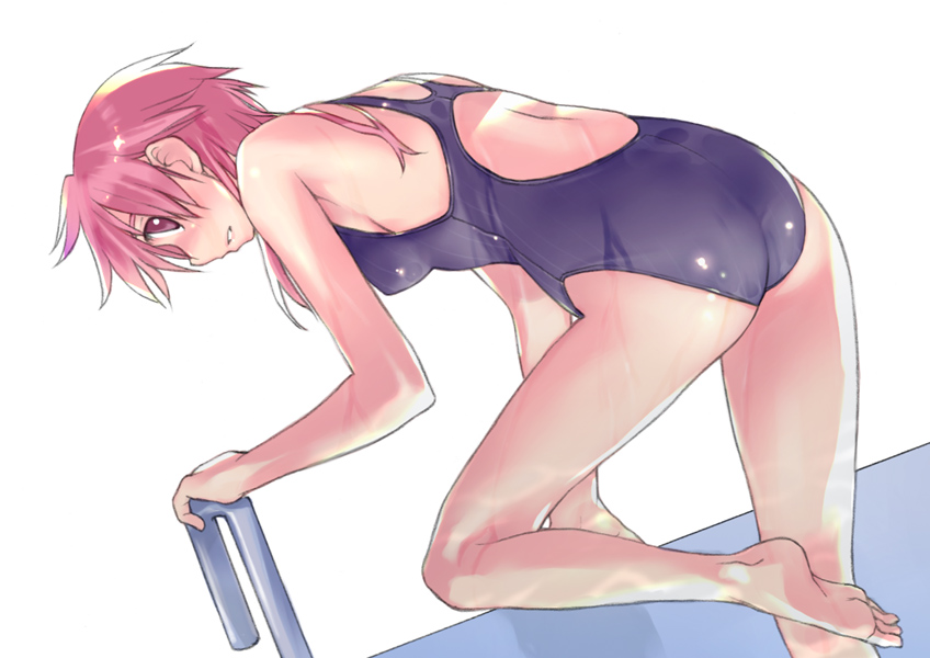 ass barefoot bent_over competition_swimsuit feet long_hair looking_at_viewer one-piece_swimsuit original parted_lips profile red_eyes red_hair solo swimsuit takeda_sun wet