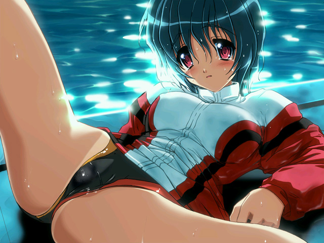 artist_request blue_hair blush game_cg jacket jacket_over_swimsuit lying maple_colors on_back one-piece_swimsuit pool poolside red_eyes solo spread_legs suzuhara_sora swimsuit tan tanline water wet wet_hair