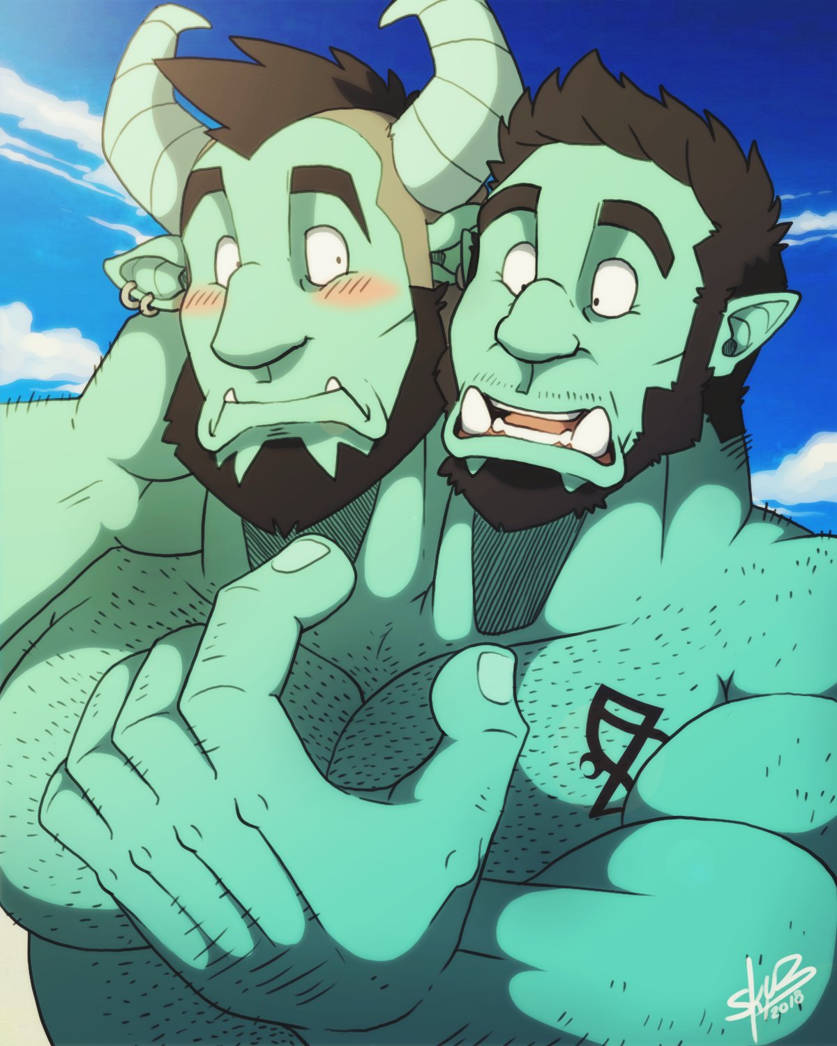 2_heads blush conjoined forced_transformation gasp green_skin horn humanoid implied_transformation merging multi_head multifur ogre orc orcanist post_transformation skyebluew0lf surprise surprise_transformation transformation