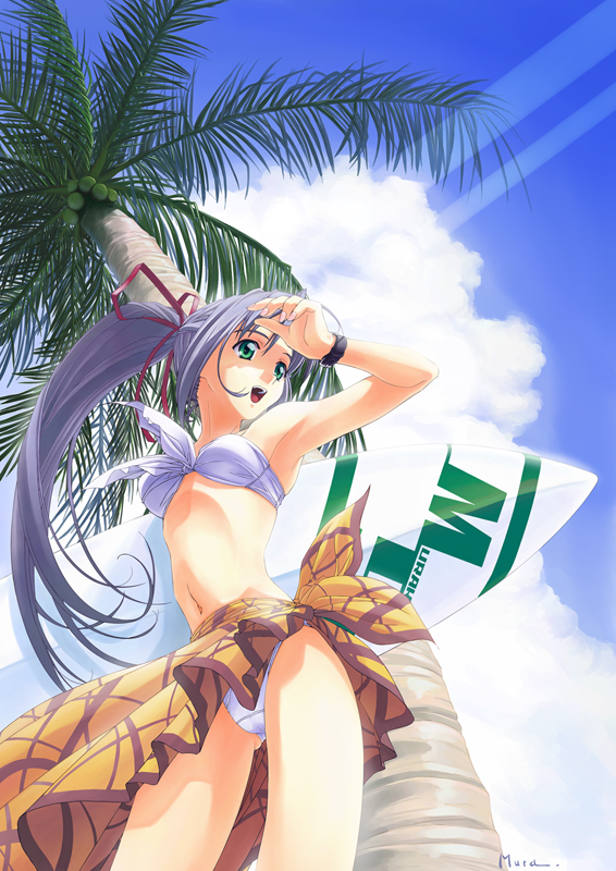 :d armpits bandeau bangs bare_shoulders bikini blue_hair cloud coconut day f-ism foreshortening from_below front-tie_top green_eyes hair_ribbon holding light_rays long_hair looking_away murakami_suigun nail_polish navel open_mouth orange_sarong original outdoors palm_tree plaid ponytail print_sarong ribbon sarong shading_eyes shadow sidelocks signature sky smile solo standing sunbeam sunlight surfboard swimsuit thighs tree upskirt very_long_hair watch white_bikini wristwatch