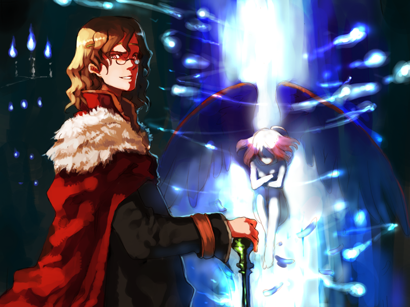 1girl ahoge angel angel_wings blonde_hair candle circlet crossed_arms domino_(little_witch_romanesque) faceless flat_chest floating fur_trim game_cg glasses grin light long_hair looking_back magic nude ooyari_ashito pince-nez pink_eyes pink_hair robe sepha short_hair shoujo_mahou_gaku_littlewitch_romanesque sitting smile staff standing wings