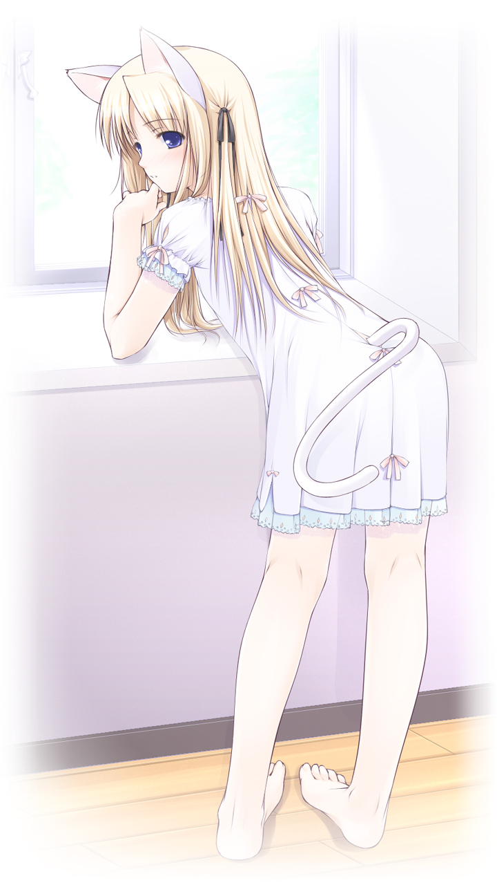 animal_ears barefoot blonde_hair cat_ears copyright_request highres lingerie nightgown ooji solo tail underwear