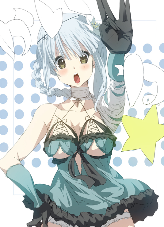 bandages breasts derivative_work flower gloves green_eyes hair_flower hair_ornament k-on! kaine_(nier) lace lace-trimmed_panties large_breasts lingerie negligee nier nier_(series) panties pantyshot parody salute solo style_parody tanupo underwear vulcan_salute white_hair white_panties