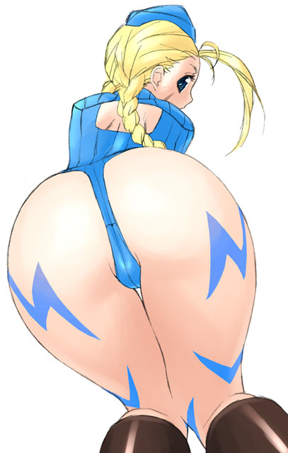 all_fours ass bent_over blonde_hair blue_leotard braid cammy_white from_behind garrison_cap hair_pulled_back hat jinroku leotard long_hair solo street_fighter
