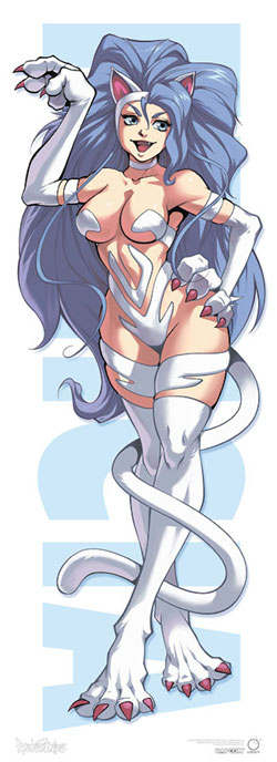 1girl :d animal_ears arm_up bangs big_hair blue_eyes blue_hair breasts capcom cat_ears cat_tail character_name curvy darkstalkers fang felicia fur game kevin_lau large_breasts legs_crossed long_hair long_image nekomimi open_mouth paws pose smile solo standing stick_poster tail tall_image udon_entertainment vampire_(game) vampire_savior very_long_hair wavy_hair wide_hips