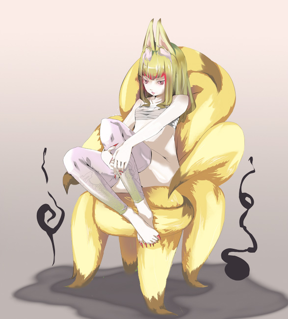 animal_ears bad_id bad_pixiv_id blonde_hair copyright_request fingernails fox_ears fox_tail long_fingernails long_hair long_toenails multiple_tails natsume_gari no_panties sarashi sitting_on_own_tail solo tail toenails