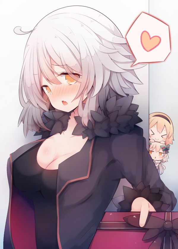 &gt;_&lt; 3girls ahoge bangs beni_shake black_dress black_hairband black_jacket blonde_hair blush bow box breasts chibi cleavage closed_mouth collarbone commentary_request dress eyebrows_visible_through_hair eyes_closed fang fate/grand_order fate_(series) fur-trimmed_jacket fur-trimmed_sleeves fur_trim gift gift_box green_bow green_ribbon grey_hair hair_between_eyes hair_bow hairband heart holding holding_gift incoming_gift jacket jeanne_d'arc_(alter)_(fate) jeanne_d'arc_(fate) jeanne_d'arc_(fate)_(all) jeanne_d'arc_alter_santa_lily long_hair long_sleeves looking_at_viewer medium_breasts multiple_girls nose_blush open_clothes open_jacket open_mouth orange_eyes ribbon solo_focus spoken_heart striped striped_bow striped_ribbon wicked_dragon_witch_ver._shinjuku_1999