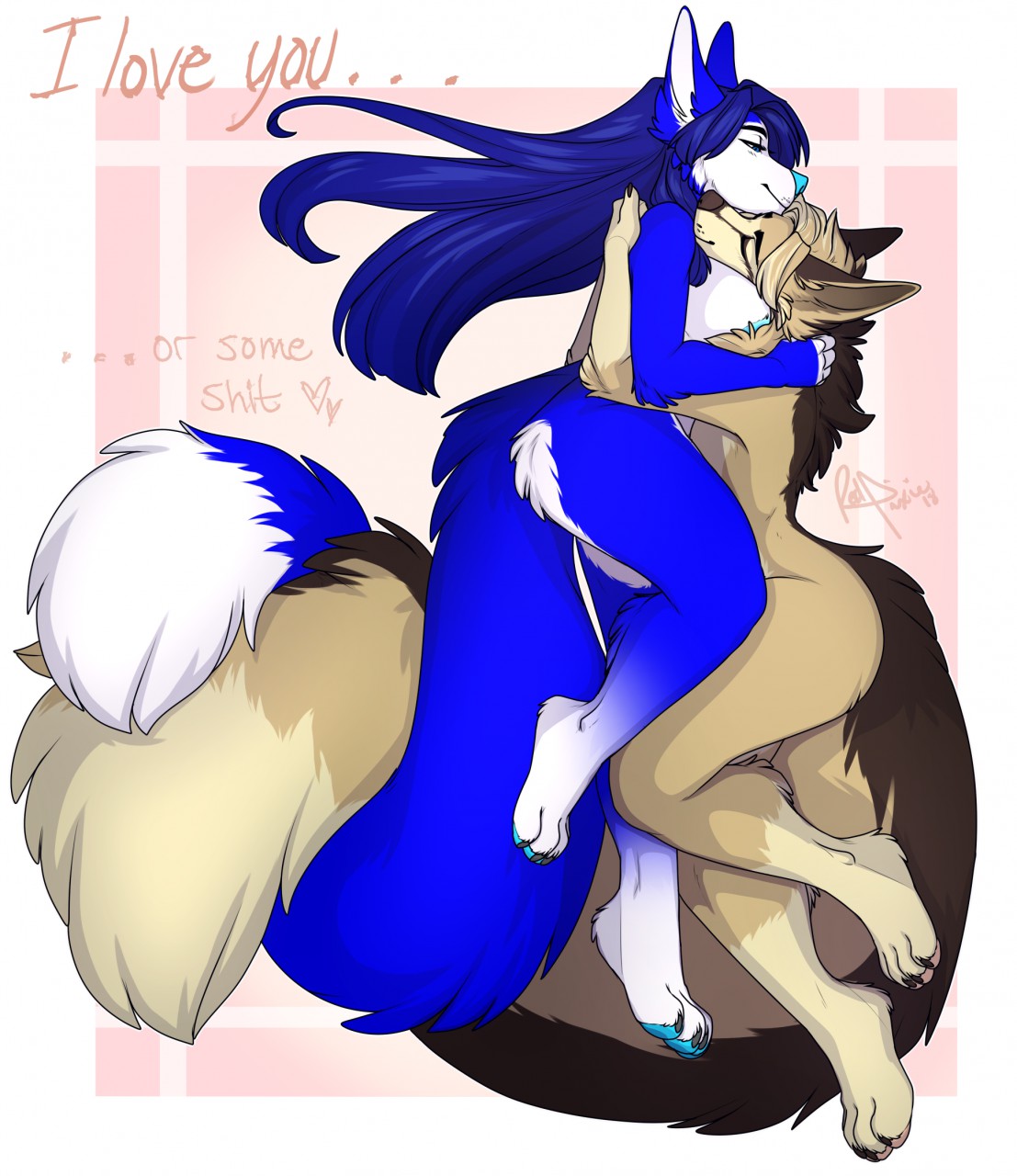 anthro big_tail blanford's_fox blue_fur blue_nose brown_fur brown_nose canid canine cuddling duo english_text female fennec fluffy fluffy_tail fox fur male male/female mammal nude osiris_henschel profanity redpixie signature tan_fur text