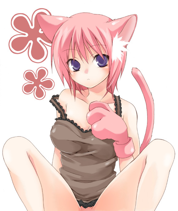 1girl animal_ears bare_shoulders blush bottomless breasts camisole cat_ears cat_tail catgirl censored dress gloves kubyou_azami no_panties original out-of-frame_censoring paw_gloves pink_hair purple_eyes shirt short_hair solo strap_slip tail taut_clothes taut_shirt