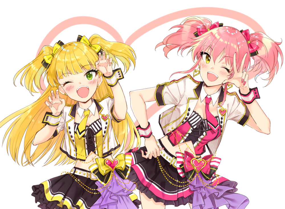 ;d arm_up belt belt_buckle black_skirt blonde_hair blush bow brown_eyes buckle claw_pose collarbone commentary_request crop_top cropped_jacket detached_collar fingernails green_eyes hair_bow hand_up heart idolmaster idolmaster_cinderella_girls jougasaki_mika jougasaki_rika leaning_to_the_side miyabi_akino multiple_girls nail_polish necktie one_eye_closed open_mouth pink_hair pink_nails pink_neckwear red_bow short_necktie short_sleeves siblings sisters skirt smile standing strapless twintails two_side_up v white-framed_eyewear white_background white_belt white_collar wrist_cuffs yellow_bow yellow_neckwear