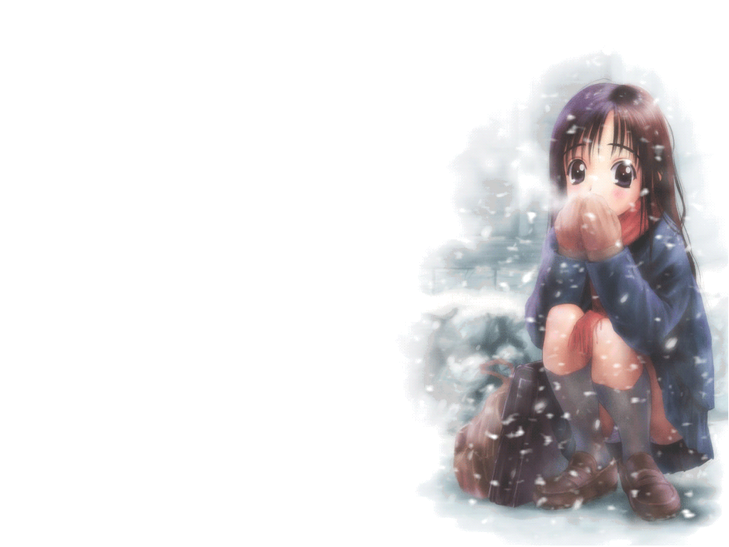 animated animated_gif bag breath brown_hair copyright_request gloves goto_p long_hair scarf skirt snow socks solo squatting wallpaper