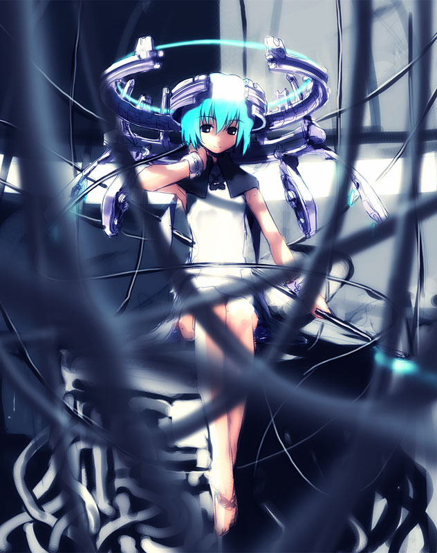 bow cape flat_chest mech mecha short_hair tube tubes wire wires