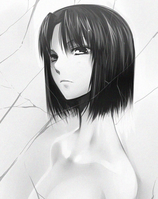 greyscale kara_no_kyoukai looking_at_viewer monochrome nude puyo ryougi_shiki short_hair solo upper_body