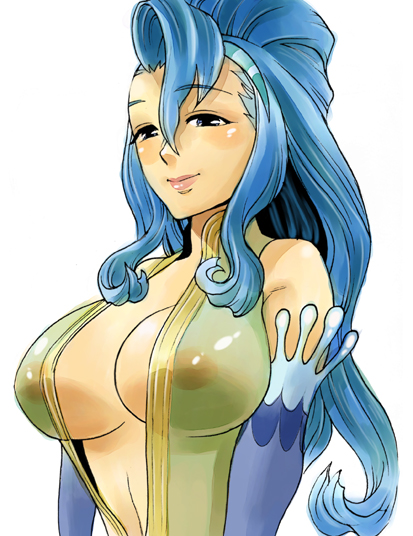 areolae bare_shoulders blue_eyes blue_hair breasts center_opening cleavage elbow_gloves gloves large_breasts long_hair mimonel original see-through simple_background smile solo