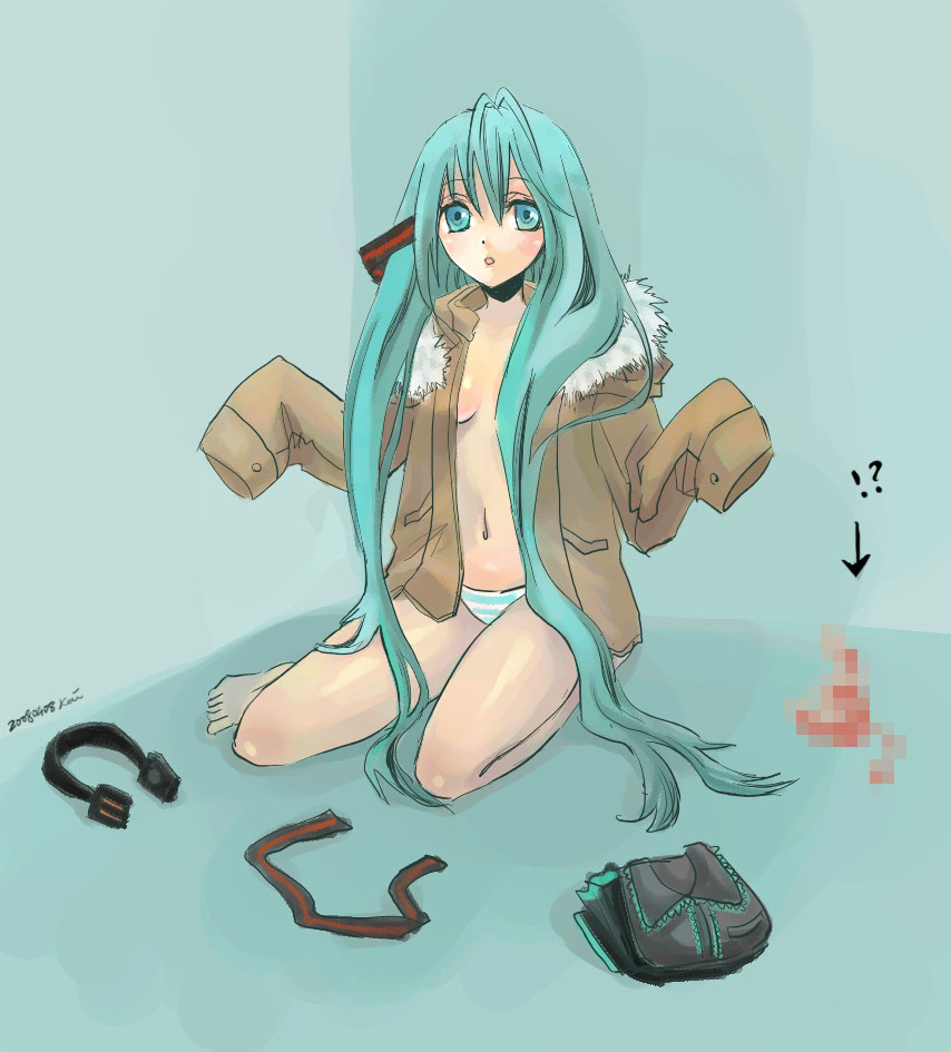 1girl antenna_hair aqua_eyes aqua_hair bad_id bad_pixiv_id barefoot brown_coat censored clothes_removed coat directional_arrow fur-trimmed_hood hair_between_eyes hair_down hatsune_miku headphones headphones_removed hood hood_down kai_(pixiv93444) long_hair looking_at_viewer mosaic_censoring open_clothes open_coat oversized_clothes panties petite sitting sleeves_past_fingers sleeves_past_wrists solo striped striped_panties underwear very_long_hair vocaloid
