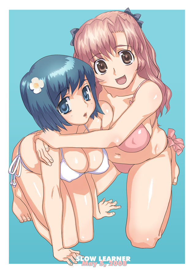 :d aqua_background barefoot bikini blue_eyes blue_hair breasts brown_eyes covered_nipples hirose_(mokiki) hug kneeling large_breasts long_hair multiple_girls navel open_mouth original pink_hair short_hair side-tie_bikini smile swimsuit