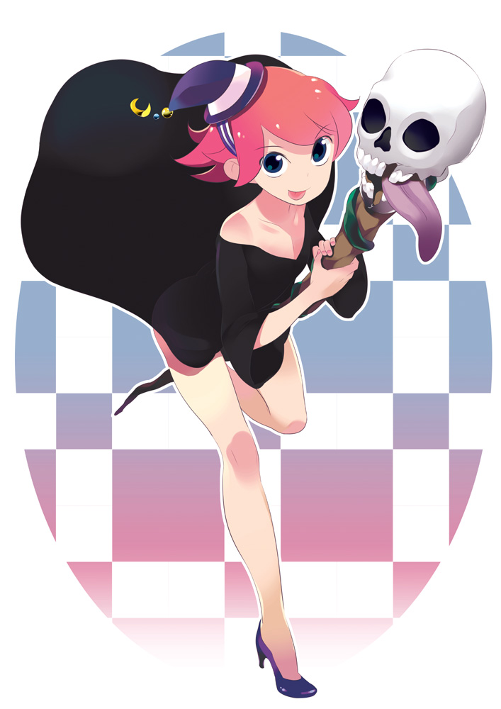 :p blue_eyes copyright_request legs rakuraku red_hair short_hair skull solo staff tongue tongue_out witch
