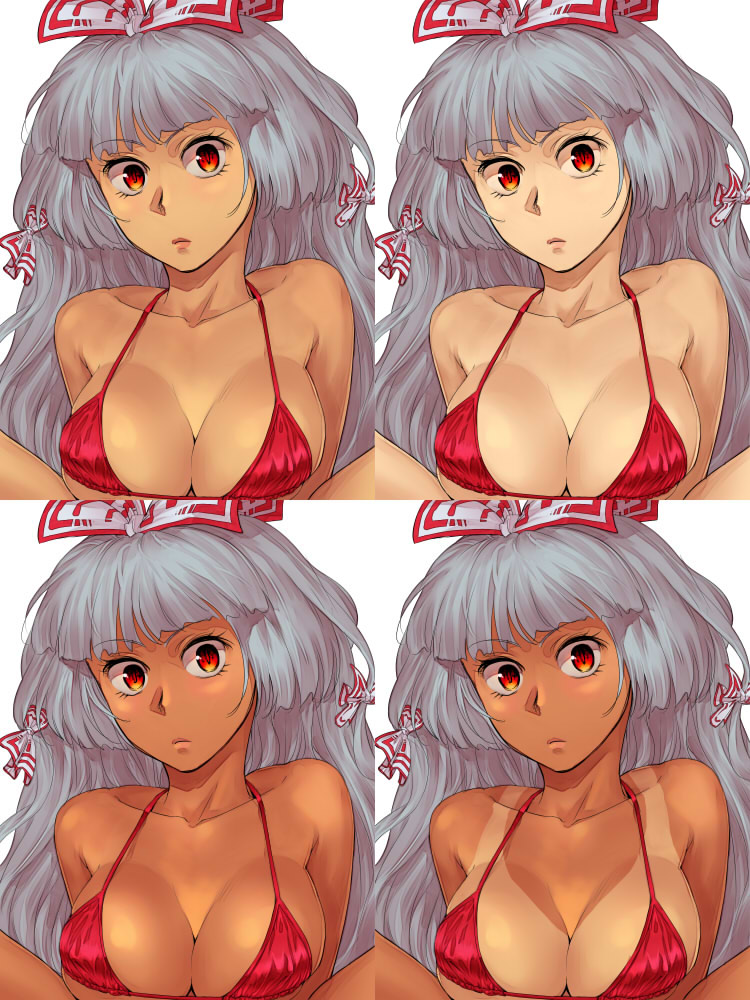 1girl bangs bare_shoulders bikini bow breasts collarbone commentary_request eyebrows_visible_through_hair eyelashes fujiwara_no_mokou hair_bow halterneck large_breasts lips long_hair looking_at_viewer multiple_views red_bikini red_eyes shinburu shrug silver_hair simple_background swimsuit tan tanline touhou white_background white_bow