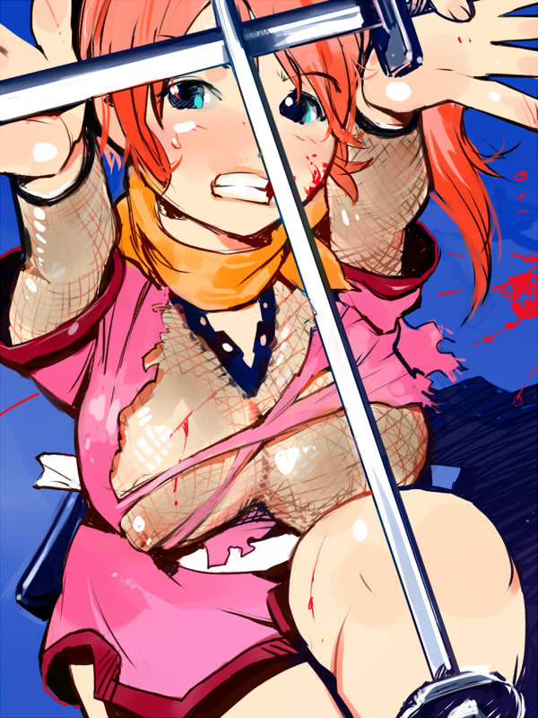breasts cleavage fishnets igarasy large_breasts ninja original red_hair solo sword torn_clothes weapon