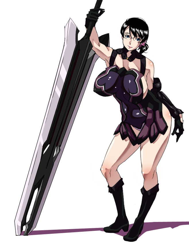 black_hair breasts cattleya glasses huge_breasts huge_weapon mature md5_mismatch queen's_blade simple_background solo sword wankoro_mochi weapon white_background