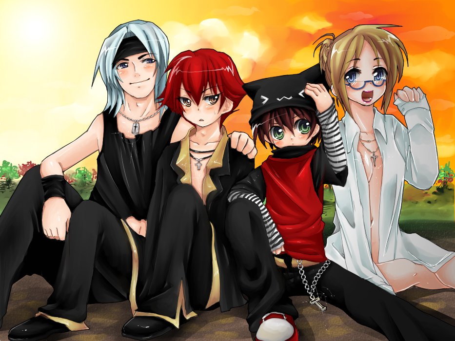 &gt;_&lt; 3boys :3 animal_hat bad_id bad_pixiv_id blue_eyes bottomless brown_hair cat_hat cecilia_(pangya) chain character_request closed_eyes cross dress_shirt glasses green_eyes hair_bun hat headband hug jewelry kaz latin_cross lee_byung_hee lineup max_(pangya) mosho multiple_boys necklace no_bra open_clothes open_shirt outdoors pangya red_hair shirt shoes short_hair sitting sky smile sneakers striped sunset triangle_mouth white_hair x3 yellow_eyes