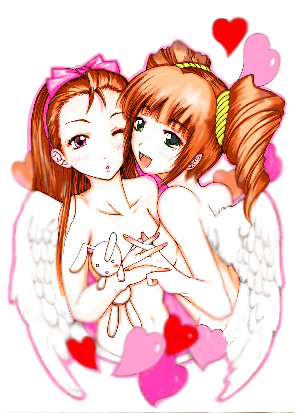 angel angel_wings bad_id bad_pixiv_id blush bow breasts brown_hair bunny flat_chest green_eyes hair_bow hairband heart holding_hands idolmaster idolmaster_(classic) idolmaster_1 long_hair minase_iori multiple_girls one_eye_closed panties pink_bow pink_hair ribbon shiina_you_(tomoshibi) short_hair sideboob small_breasts smile stuffed_animal stuffed_bunny stuffed_toy takatsuki_yayoi topless twintails underwear white_panties wings