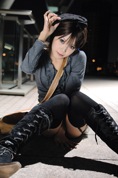 bag boots covering covering_crotch covering_pussy hat kipi-san photo sidewalk thighhighs