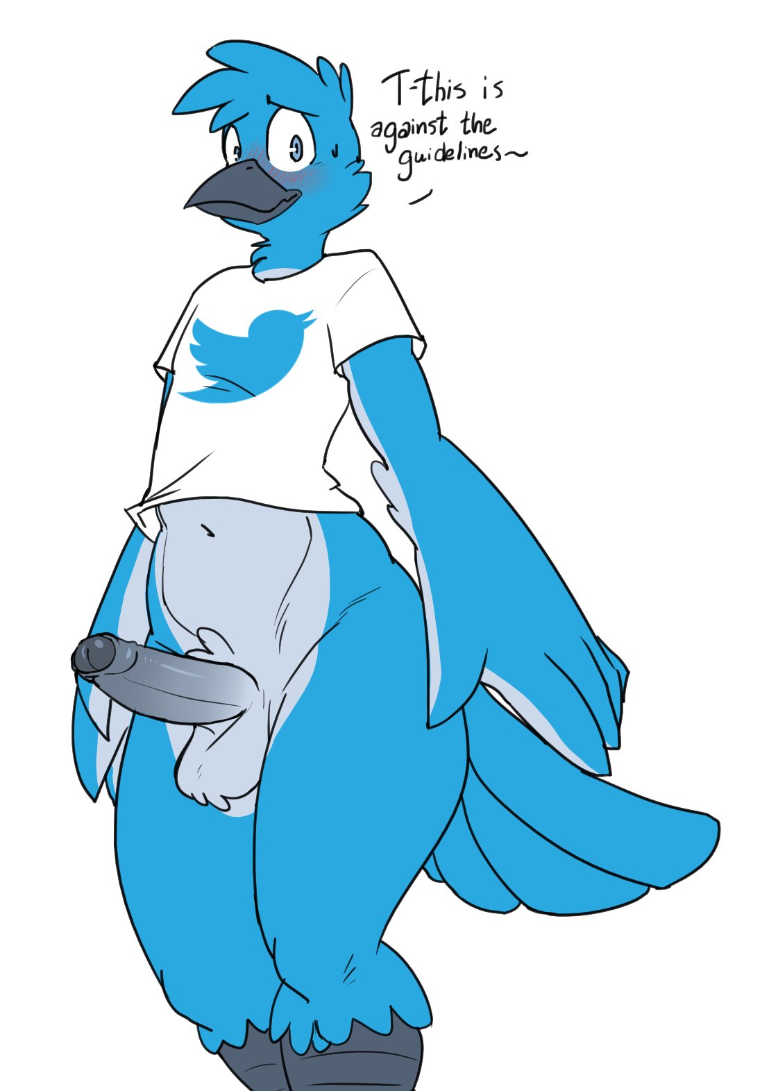2019 anthro artbyyellowdog avian beak bird blue_eyes blue_feathers blush bottomless clothed clothing dialogue embarrassed english_text erection feathers humanoid_penis looking_at_viewer male meme navel partially_clothed penis shirt simple_background smile solo sweat text tweetfur twitter uncut white_background