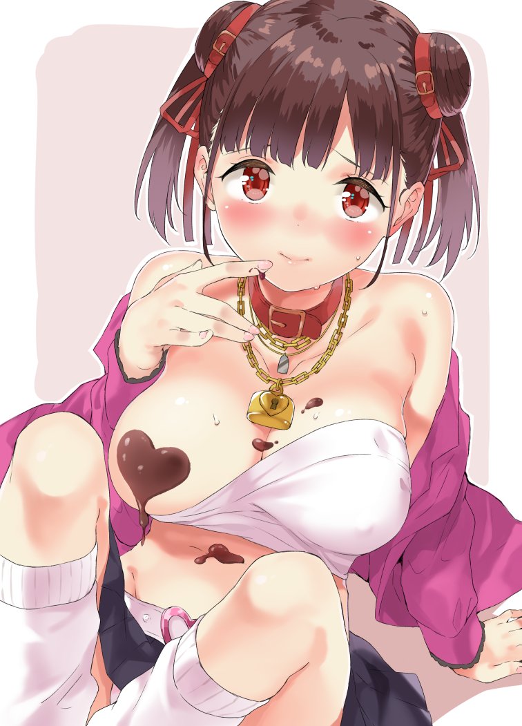 1girl arm_support bare_shoulders belt blue_skirt blush breasts brown_hair chains chocolate chocolate_heart chocolate_on_breasts closed_mouth collar collarbone commentary_request crop_top dog_collar double_bun hair_ribbon heart idolmaster idolmaster_shiny_colors jacket lock long_sleeves loose_socks mamedenkyuu_(berun) medium_breasts midriff no_bra off_shoulder one_breast_out panties pink_jacket reclining red_collar red_eyes red_ribbon ribbon skirt smile solo sonoda_chiyoko sweat twintails underwear white_belt white_legwear white_panties