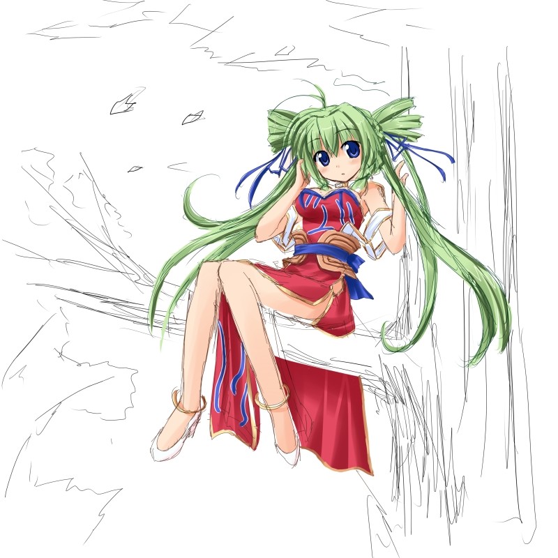 anklet antenna_hair arm_support belt blue_eyes blush china_dress chinese_clothes dress drill_hair green_hair high_heels hoshi_umi in_tree jewelry leaf liu_meifeng long_hair outdoors shoes shuraki sitting sitting_in_tree sketch solo tree twintails very_long_hair