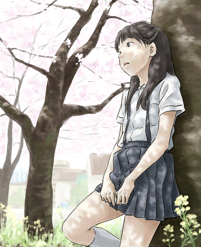black_eyes black_hair cherry_blossoms leaning original school_uniform skirt solo suspenders tnt_(aaaazzzz) tree